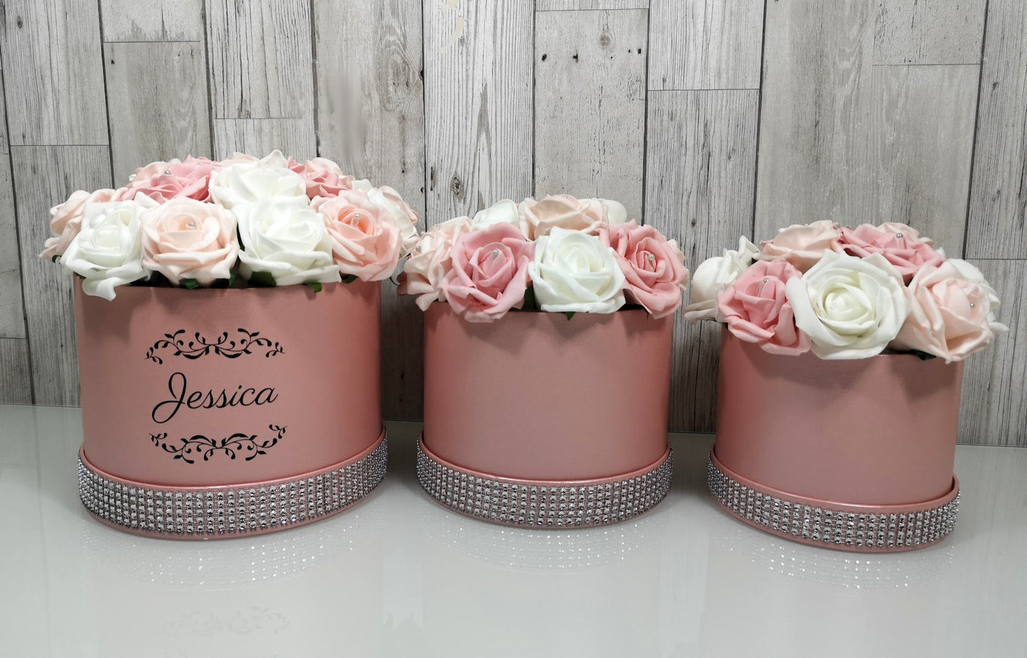Personalised Artificial Rose Hat Box Diamante Pinks and white in Pink Hat Box