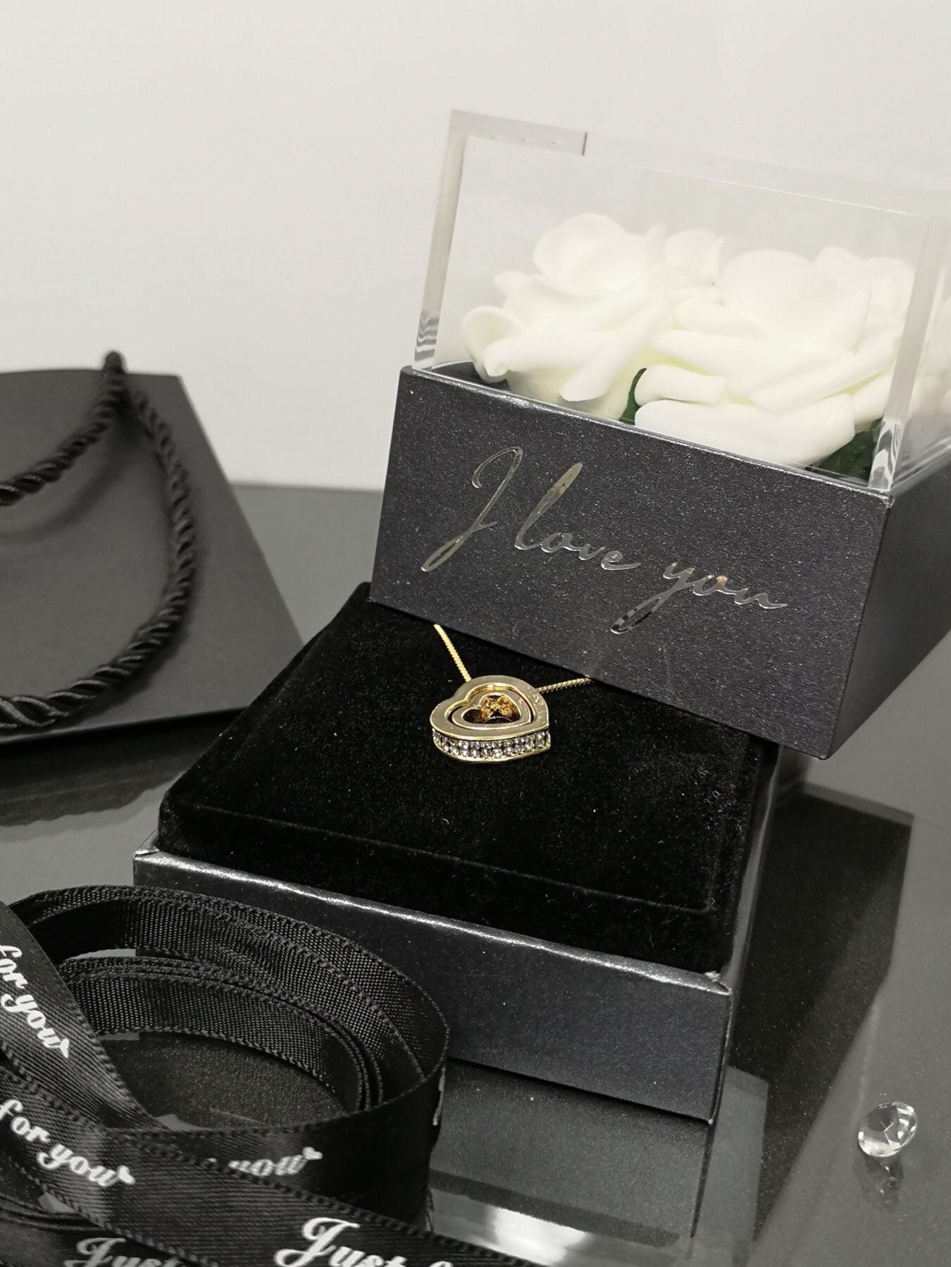 Personalised Jewellery Gift Box with Gold Plated Heart Necklace, Pink Eternal Roses Mother's Day Gift Flower