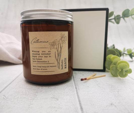 Birth Flower Birthday Gift Personalised Candle, Your Month Flower Botanical Kraft Custom Candles