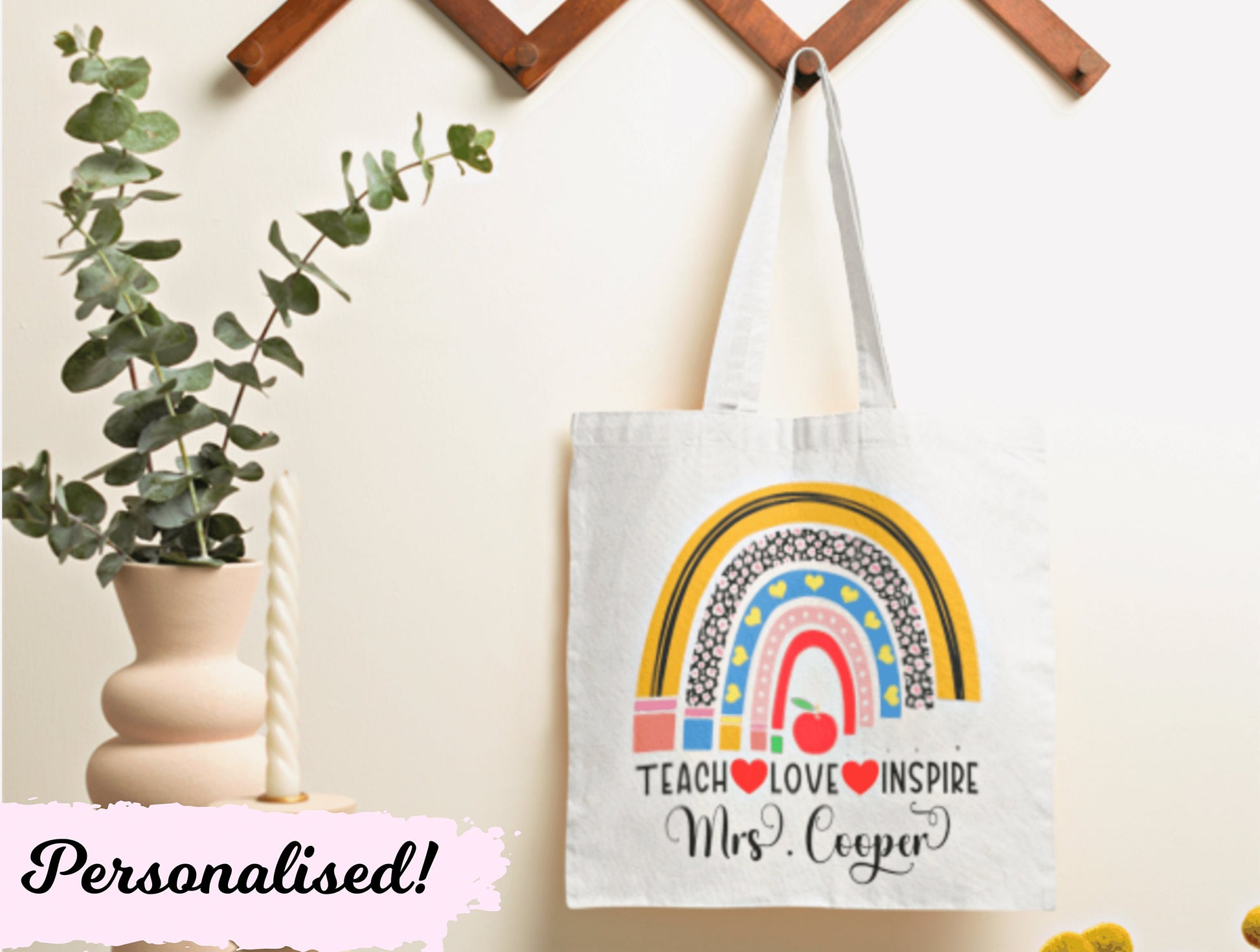 Personalised Teacher Tote Bag, Teach Love Inspire Tote Bag For Teachers Leaving Gift,  Thank You Bag, End Of Year Gifts For Teachers