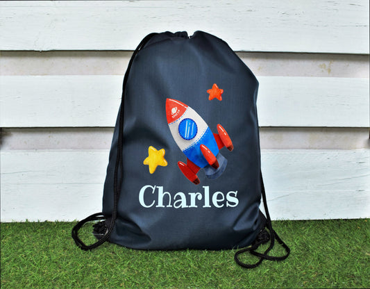 Own Name Rocket Drawstring Bag, Personalised PE Kit Bag, swimming kit bag for boys, back to school