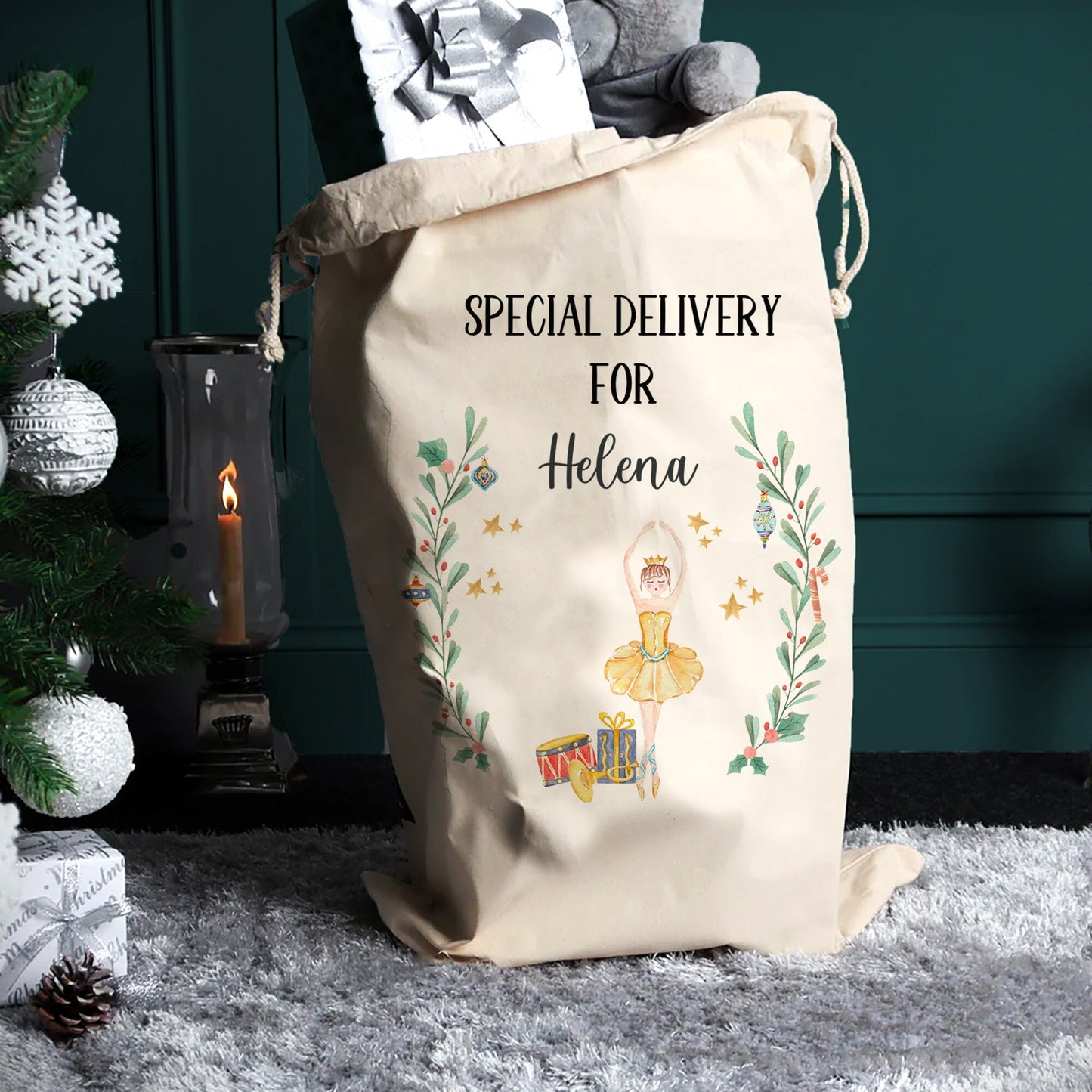 Personalised Nutcracker Christmas Sack, Ballerina Christmas Eve Gift Sacks, Xmas Presents Gift Bag